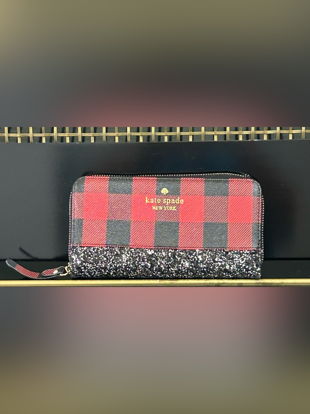 kate spade Red Black Buffalo Check Glitter Zip-Around Wallet